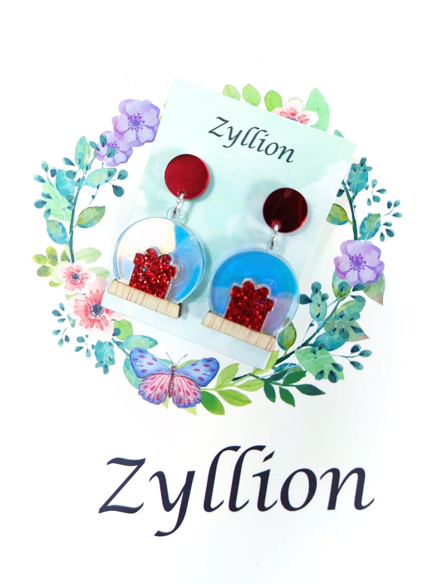 Mini Christmas crystal ball Acrylic Dangle Sterling Silver Earrings