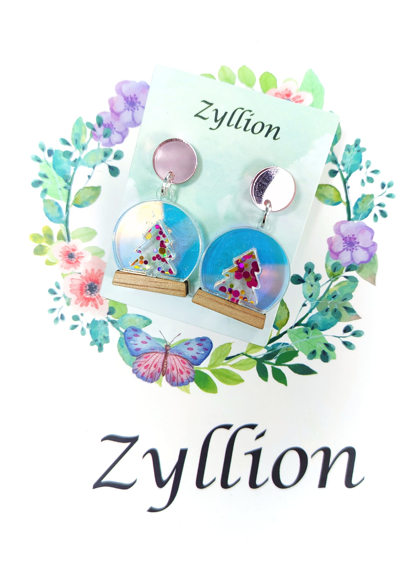 Mini Christmas crystal ball Acrylic Dangle Sterling Silver Earrings