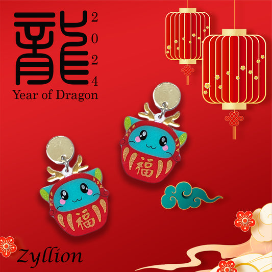 CNY Year of Dragon Acrylic Dangle Sterling Silver Earrings