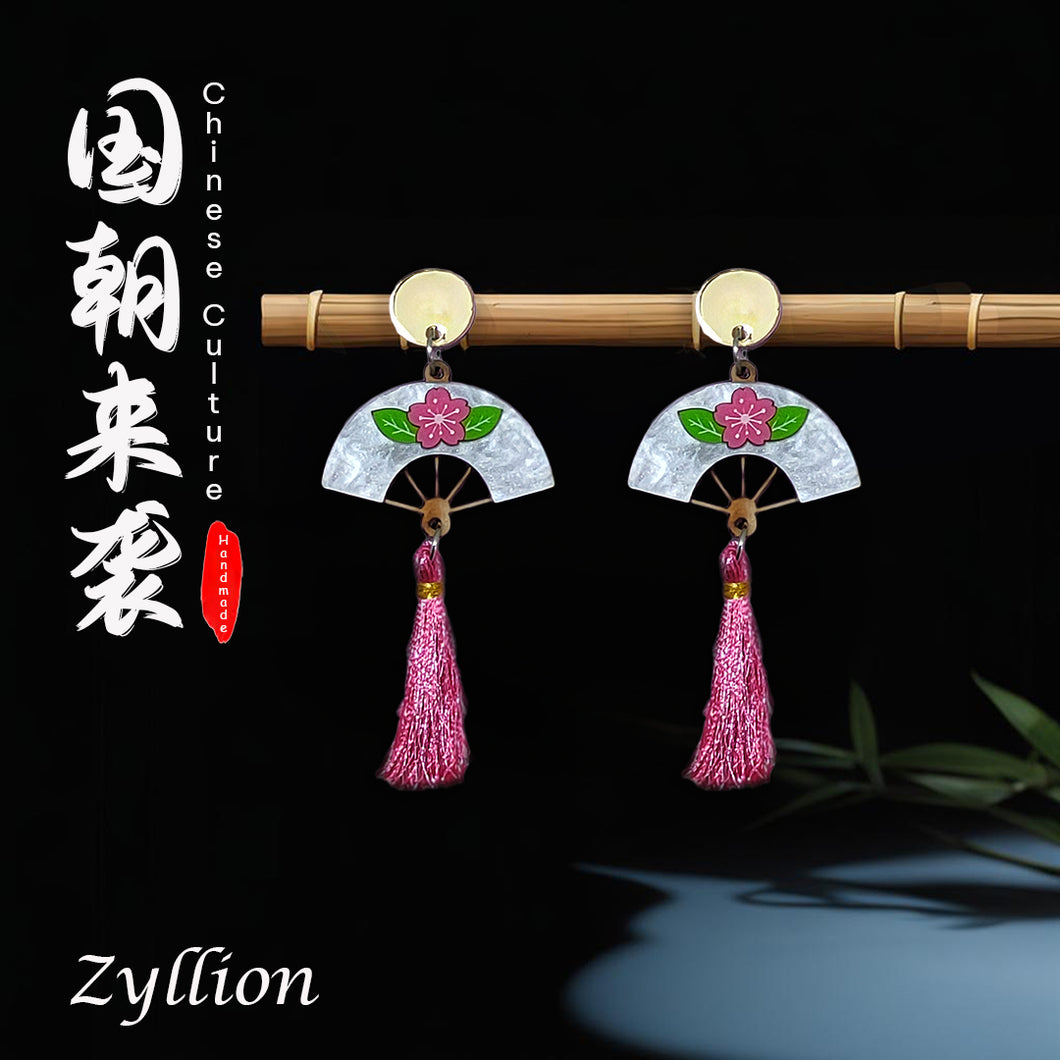 Chinese Fan Acrylic Dangle Sterling Silver Earrings