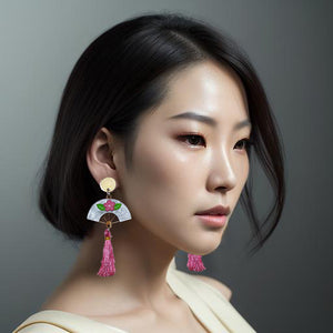 Chinese Fan Acrylic Dangle Sterling Silver Earrings