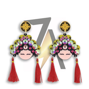 Chinese Opera Girl Acrylic Dangle Sterling Silver Earrings