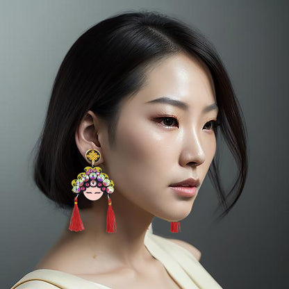 Chinese Opera Girl Acrylic Dangle Sterling Silver Earrings