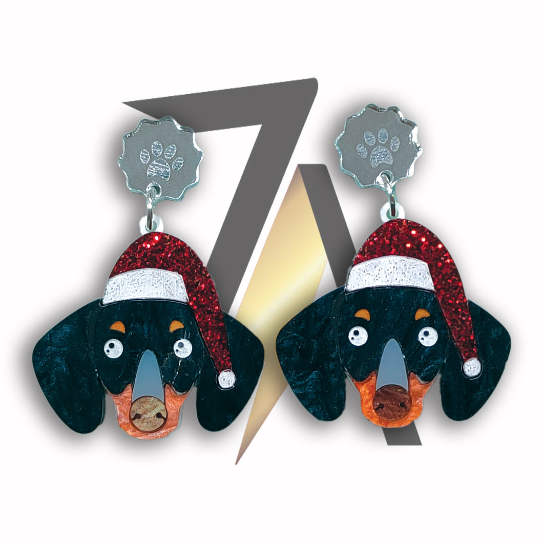 Dachshund Dog with Santa Hat Dangle Sterling Silver Earrings