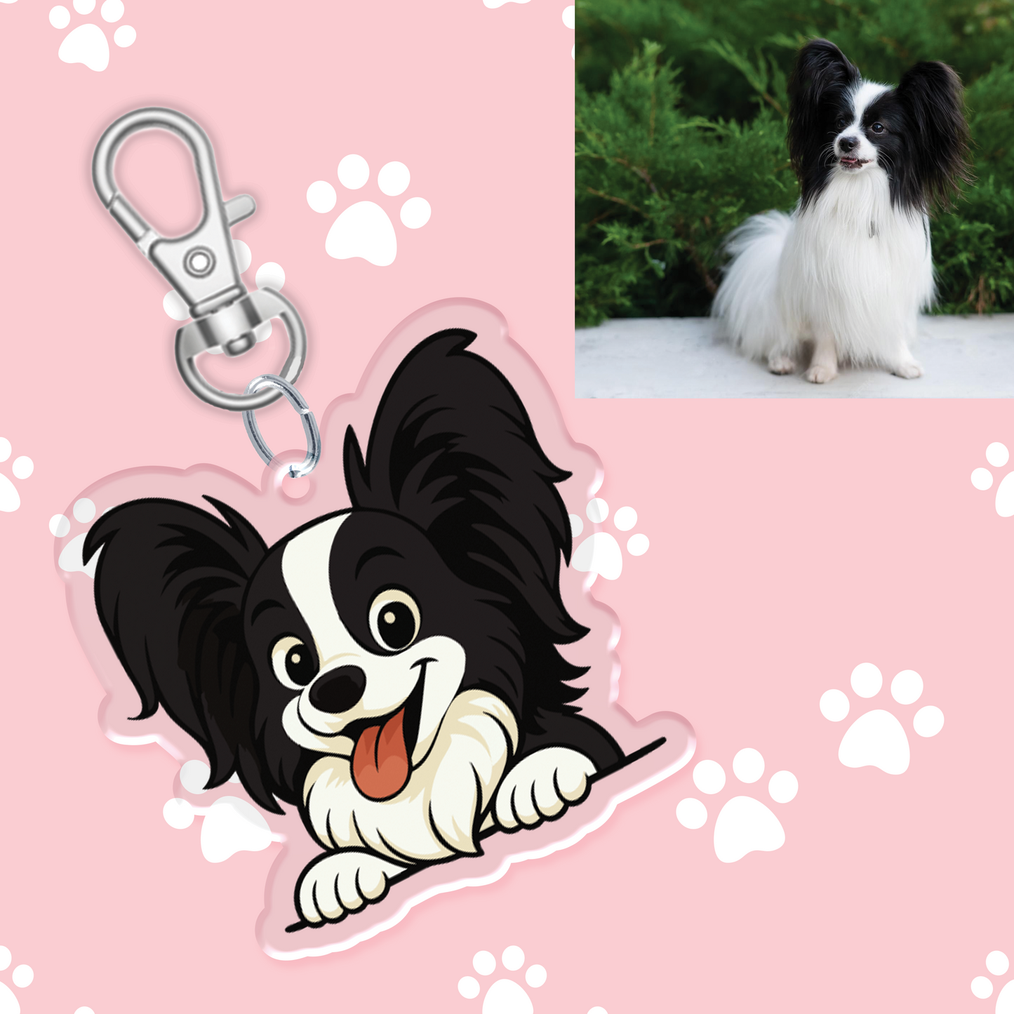 Black and White Papillon Acrylic Keychain