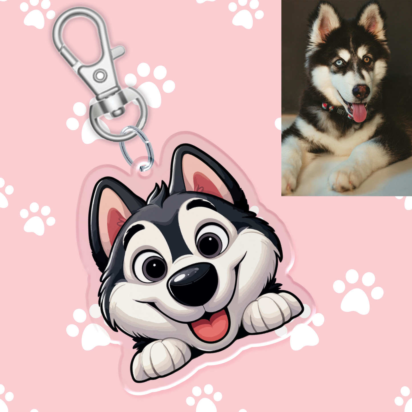 Black and White Siberian Husky Acrylic Keychain