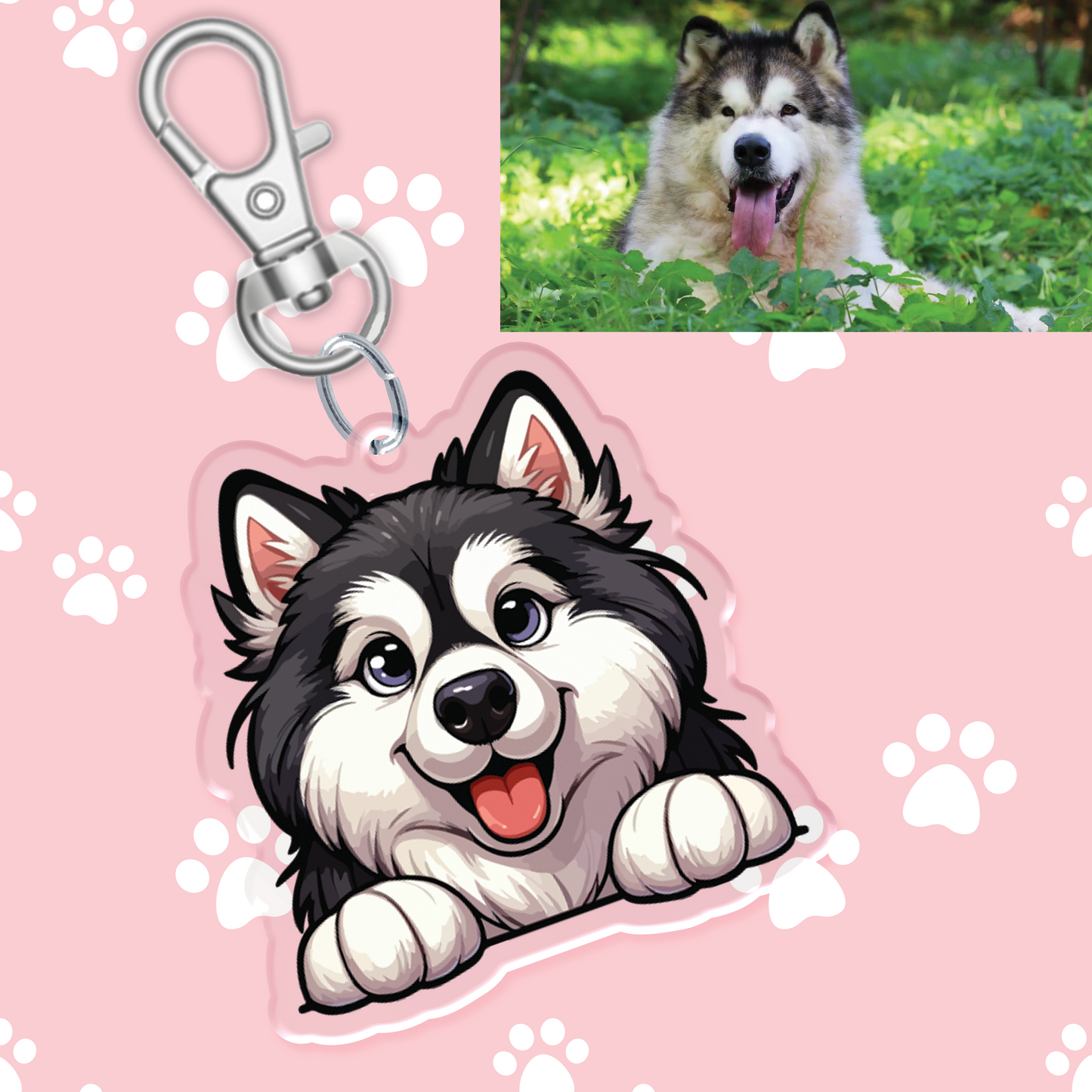 Black and White Alaskan Malamute Acrylic Keychain