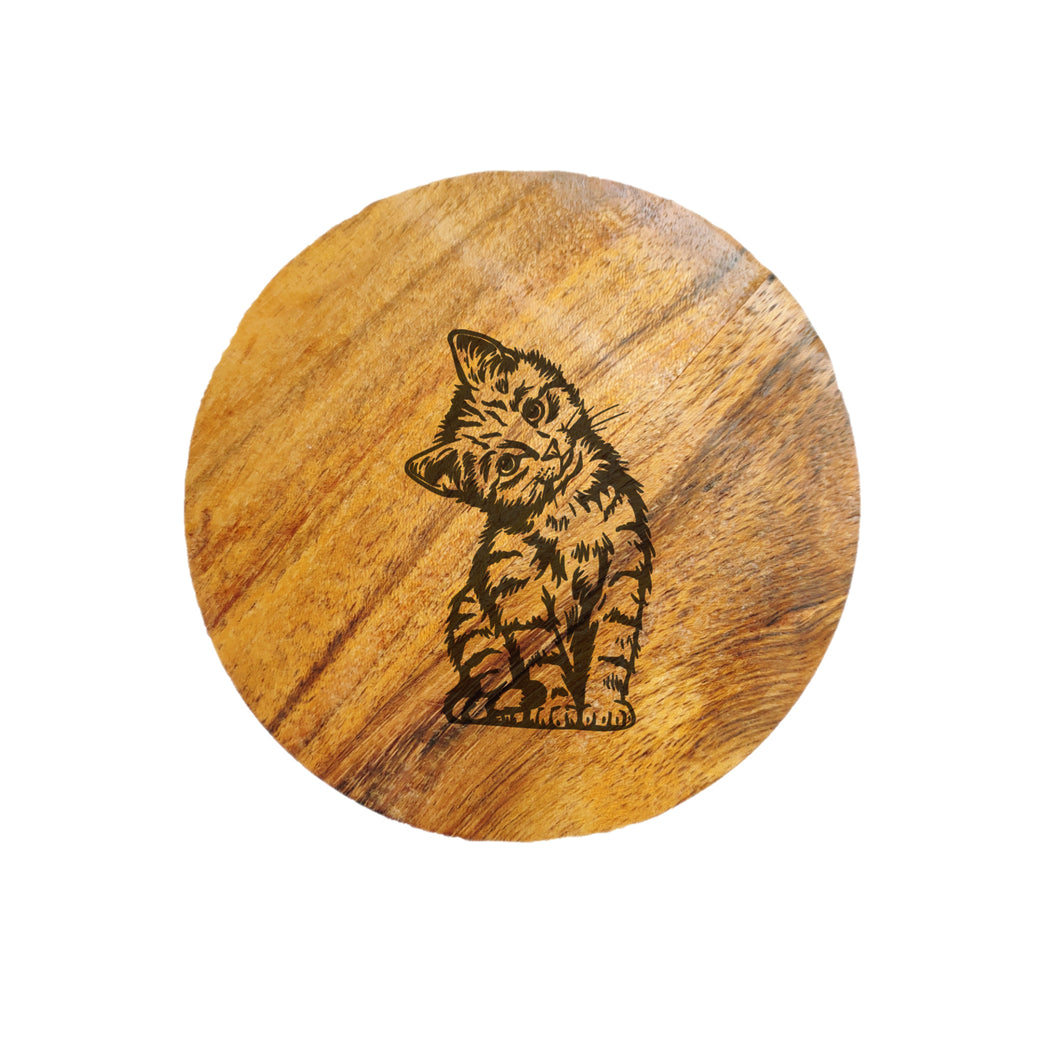 Tilted Head Cat Acacia Wood Coaster