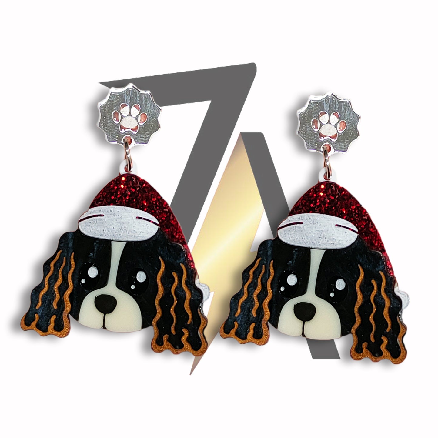 Cavalier Dog with Santa Hat Dangle Sterling Silver Earrings