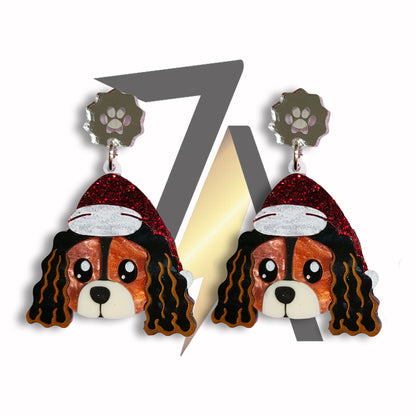Cavalier Dog with Santa Hat Dangle Sterling Silver Earrings
