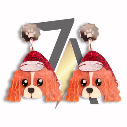 Cavalier Dog with Santa Hat Dangle Sterling Silver Earrings