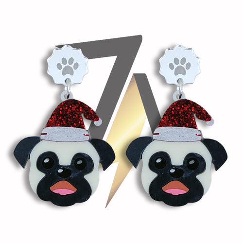 Pug Dog with Santa Hat Dangle Sterling Silver Earrings