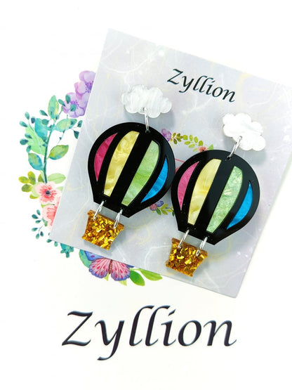 Hot air balloon Acrylic Dangle Sterling Silver Earrings