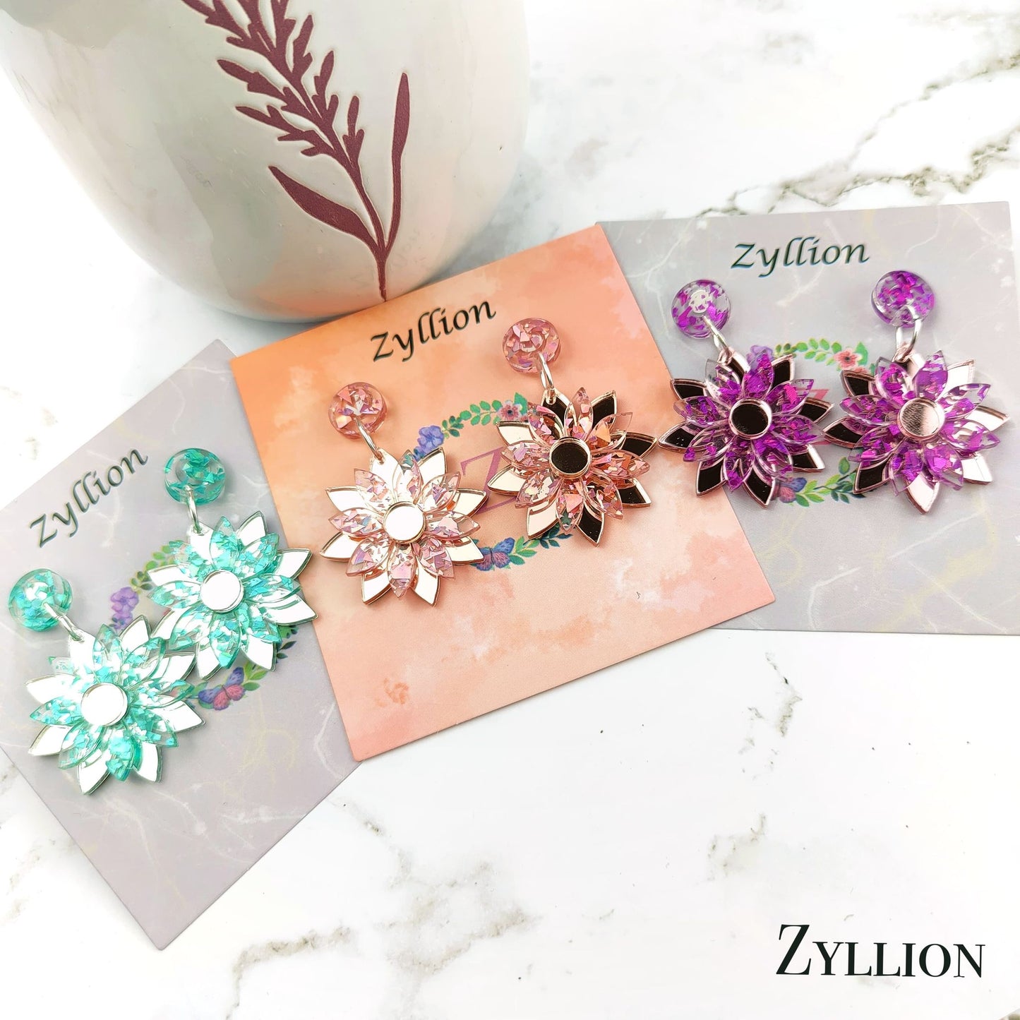 Layered Flower Dangle Sterling Silver Earrings