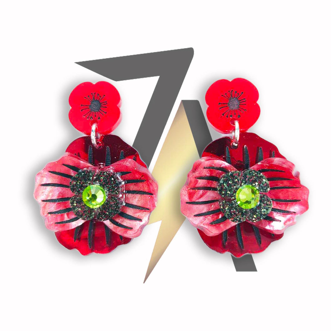 3D poppy flower Acrylic Dangle Sterling Silver Earrings