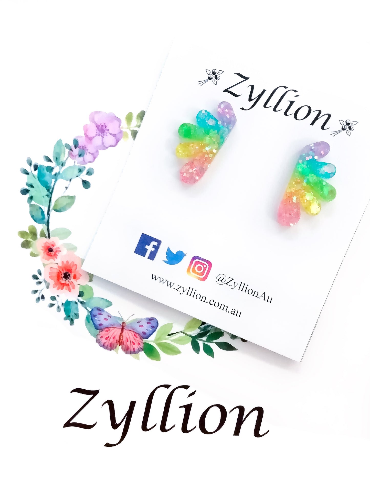 Rainbow Fairy Wings Mega Studs Sterling Silver Earrings - Zyllion