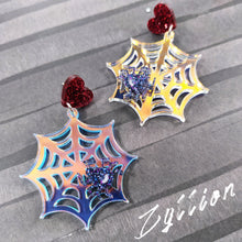 Load image into Gallery viewer, Spider web Halloween Acrylic Dangle Sterling Silver Earrings