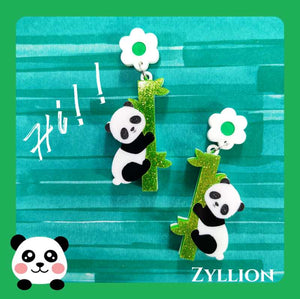 Panda hugging bamboo acrylic Dangle Sterling Silver Earrings